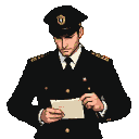 Officer in dark uniform with gold epaulets and buttons, looking down at a letter.