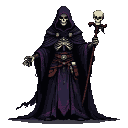 Skeletal necromancer in purple and black robes, wearing a ribcage chest piece and bone-adorned belt, holding a skull-topped staff.