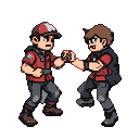 Two pixelated figures in red jackets and dark pants play rock-paper-scissors against themselves. The left figure wears a red cap with a white stripe; the right figure has brown hair.