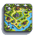 Miniature pastoral landscape map icon with a winding river, green land, a stone church, wooden houses, and a circular building.