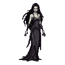 Spectral banshee with long black hair, gaunt pale face, and a dark tattered gown.