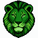Stylized green lion's face with a pixelated mane.