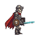 Skeletal warrior in armor and crimson cape, holding a skull shield and a glowing blue sword.