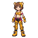 Young woman in a tiger-striped outfit with tiger ears and a pink belt.