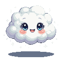 Pixel Art: A fluffy white cloud with big sparkling eyes and a warm smil...