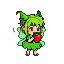 Pixelated pixie with green hair and leafy attire eating a strawberry, with translucent wings.