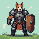 Anthropomorphic Bull Terrier warrior in heavy medieval armor holding a large shield.