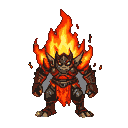 A hunched fire elemental with molten armor and erupting flames.