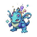 A small, whimsical dragon-like creature with turquoise and blue scales, purple accents, large pink-eyed gaze, and crystalline growths on its head.