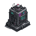 Monolithic nuclear computer machine with intricate pipes, wires, and glowing teal and magenta data panels, topped with a spherical core, shown in isometric perspective.