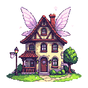 A two-story cottage with a red-tiled roof and brick chimney, featuring large, translucent pale pink fairy wings attached to its roofline. Warm yellow and beige walls contrast with a red door. Small white sparkles surround the cottage.