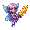 Whimsical pixie with luminous eyes and translucent wings, holding a flame-engulfed sword.