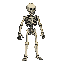 A skeleton stands upright with arms slightly extended and hands open against a black background.