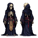 Skeletal monk in deep indigo robes with crimson sash and dark red patterns, shown from frontal and three-quarter views.