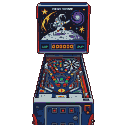 A pixel art pinball machine with a space-themed backglass showing an astronaut on the moon, a comet, and a planet. The digital display shows "000000". The playfield is colorful with targets, bumpers, and ramps on a blue background.