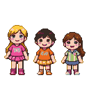 Three pixelated children, one with blonde hair in a pink dress, one with dark spiky hair in an orange shirt, and one with brown hair in a striped shirt, stand together smiling.
