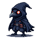 Plague doctor with a raven mask and glowing red eyes, wearing a dark hooded cloak and tunic.