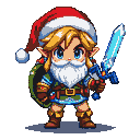 Link dressed as Santa Claus, holding a glowing blue sword and shield.