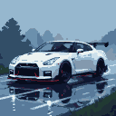 A white Nissan GTR with blue racing stripes on a wet road, with misty mountains in the background.