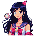 Young woman with long dark hair, blue eyes, wearing a sailor uniform with a pink chest bow and matching head accessory, with a sparkling star.