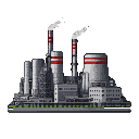 Sprawling industrial complex with gray buildings, red accents, and two smokestacks emitting white vapor against a black background.