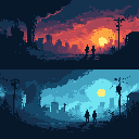 Post-apocalyptic cityscape with ruined buildings and skeletal trees under a fiery sunset and a hazy cyan sky.
