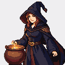 Hooded female witch in dark robes with golden trim stands beside a glowing, bubbling cauldron.