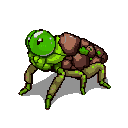 A small earth elemental creature, resembling a grasshopper, with luminous green eyes. Its body is composed of smooth brown pebbles and green lichen, with hind legs made of polished river stones.