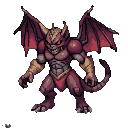 A crimson cat demon with golden bracers and loincloth, snarling with sharp fangs and glowing red eyes, stands with bat-like wings, a segmented tail, and clawed feet.