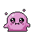 A small, round, pink slime monster with large black eyes, blush marks, a gentle mouth, and two small antennae.