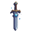 A magnificent iron sword with a polished blade and an ornate golden hilt featuring a large, blue-luminescent diamond. Smaller diamond fragments float around the sword.
