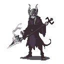 Monochromatic elven mage with a horned headdress, holding two staffs.