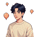 Pixel art portrait of a young man with dark blue-black hair and a nose stud, wearing a cream ribbed knit shirt and a silver hoop earring. Faint copper balloon outlines are visible against a black background.