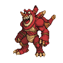 Four-armed, muscular creature with red skin, yellow teeth, and white eyes, roaring with mouth agape, wearing segmented red armor, tan loincloth, and bracers.