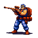 Soldier in blue uniform with red accents, wearing sunglasses and a bulky orange backpack, aims an orange rifle through its scope.