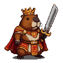 Regal capybara wearing a golden crown and crimson cape, holding a large sword.