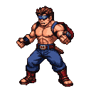 A muscular fighter in a fighting stance, wearing blue pants, red boots, and a blue headband. His fists are clenched, and a sword hilt is visible at his belt.