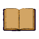 An open book with aged parchment pages and a deep purple spine.