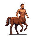 Muscular centaur with human torso and brown equine body, poised for action.