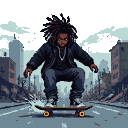 Young Black man with dreadlocks in a black jacket crouches on a skateboard, riding down a debris-strewn street in a pixelated, muted blue and gray destroyed city.
