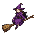 A young witch in a purple gown and pointed hat flies on a broomstick with a kitten on her shoulder.