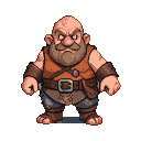 A gruff, bald dwarf with a thick beard and scowl, wearing a sleeveless leather vest over a tunic, a wide belt, and sturdy leg coverings in earthy tones.