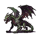 Grotesque zombie dragon with exposed skeletal frame, decaying flesh, hunched low, piercing red glowing eyes, tattered purplish wings, and a body of decaying greens and deep reds against a dark backdrop.