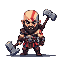 Diminutive warrior resembling Kratos, with red facial markings and stern expression, holding two hammers. Rugged armor and muscular physique convey power.