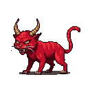 Menacing crimson demon cat with dark stripes, yellow eyes, bared fangs, and spiraling horns, tail curled upwards.