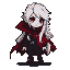 Chibi vampire in a side-view battle stance, wearing a charcoal tunic with silver buckles and a tattered scarlet cape. She has pale skin, glowing crimson eyes, and visible fangs. Her long, messy white hair frames her face. The scene is lit with strong neon violet backlighting.