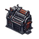 Complex industrial machine with gears, pistons, and orange accents, viewed from an isometric perspective.