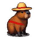 Stylized capybara wearing a straw hat with a red band, and a red stripe across its torso.