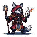 Grim necromancer with a wolf's head, orange eyes, deep red robe with gold trim, holding a rabbit skull and a staff with a glowing orange orb.