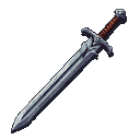 A Darkest Dungeon-style medieval sword with a dark steel blade, reddish-brown grip, and refined crossguard, centered on a transparent background.